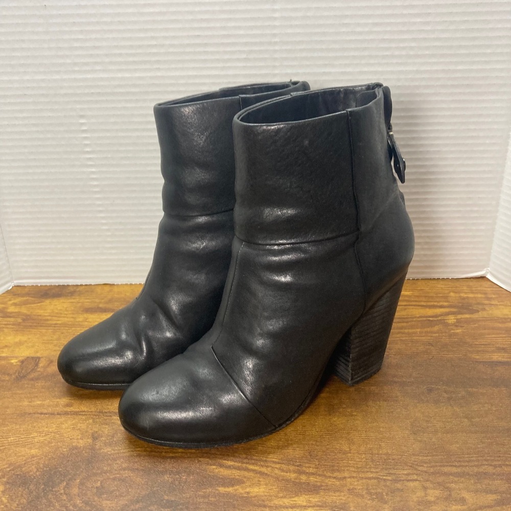 Rag Bone Black Leather Block Heel Ankle Boots‎ Women's Size 38
